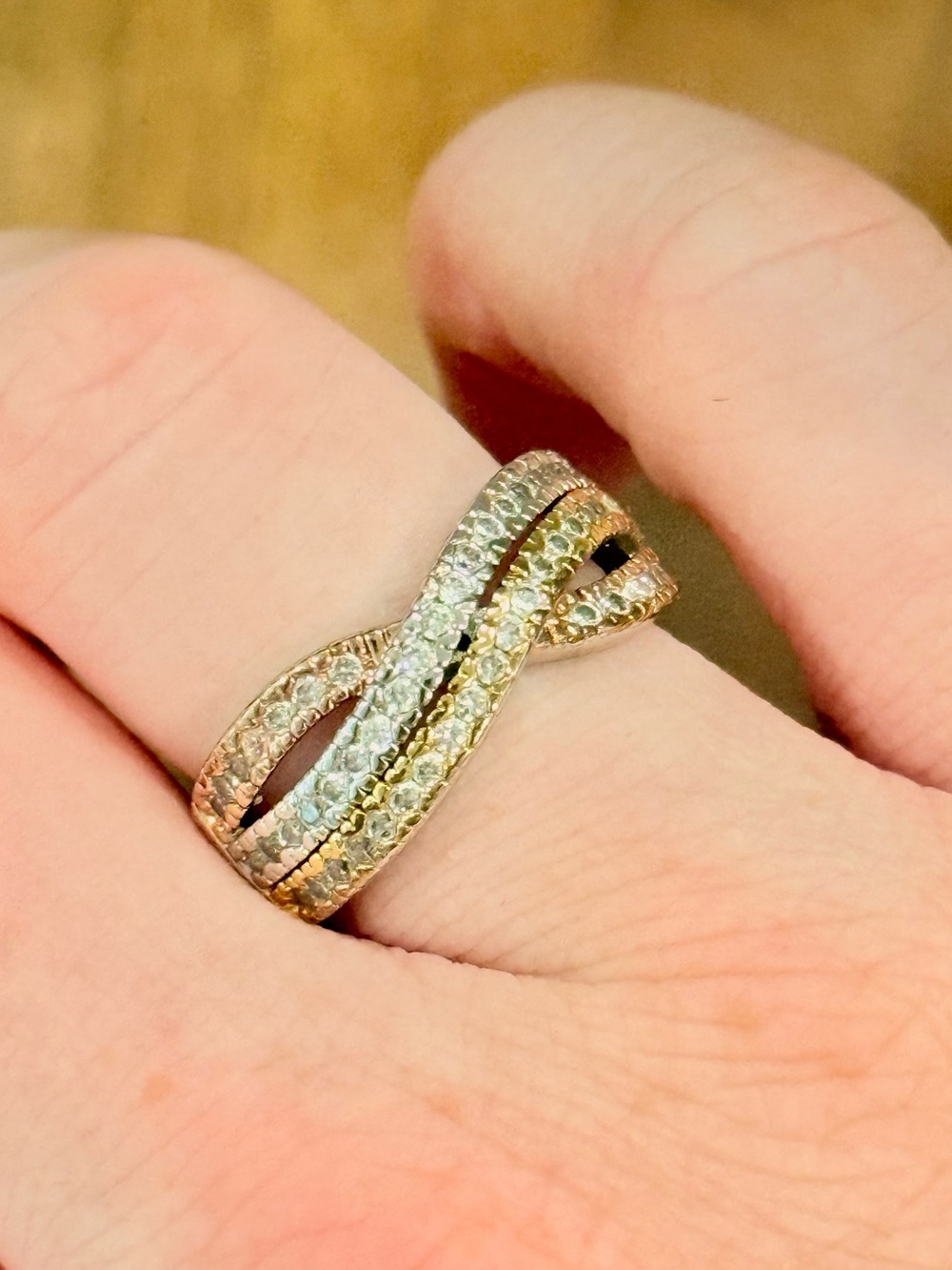 Tri-Tone Pave Twist Ring - Gold, Silver, and Rose Gold
